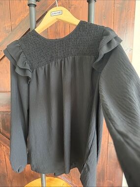 Black Smocked Yoke Ruffle Blouse